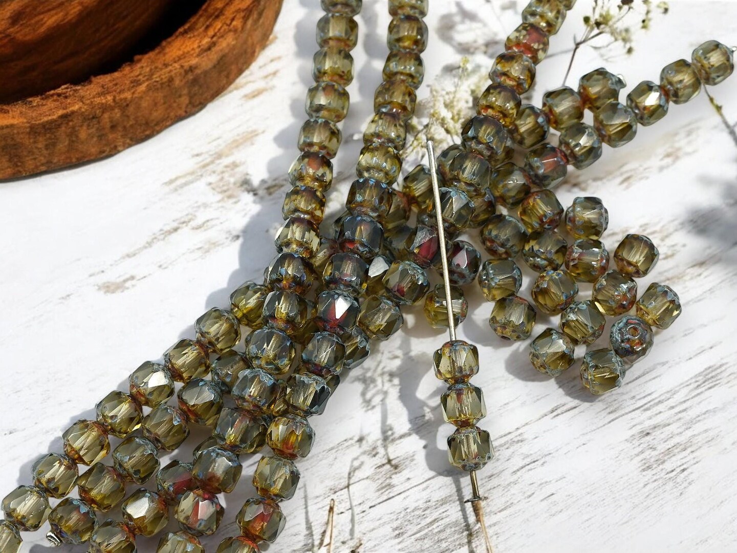 *20* 6mm Smokey Crystal Picasso Fire Polished Cathedral Beads