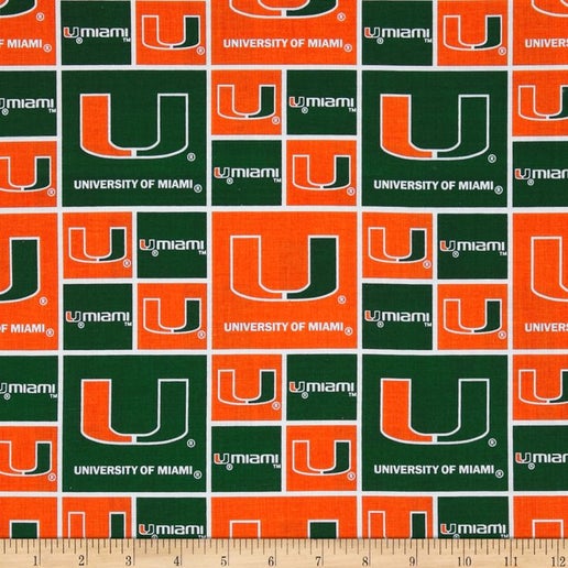 Licensed NCAA University of Miami Block MIA-020 Cotton Fabric by the Yard