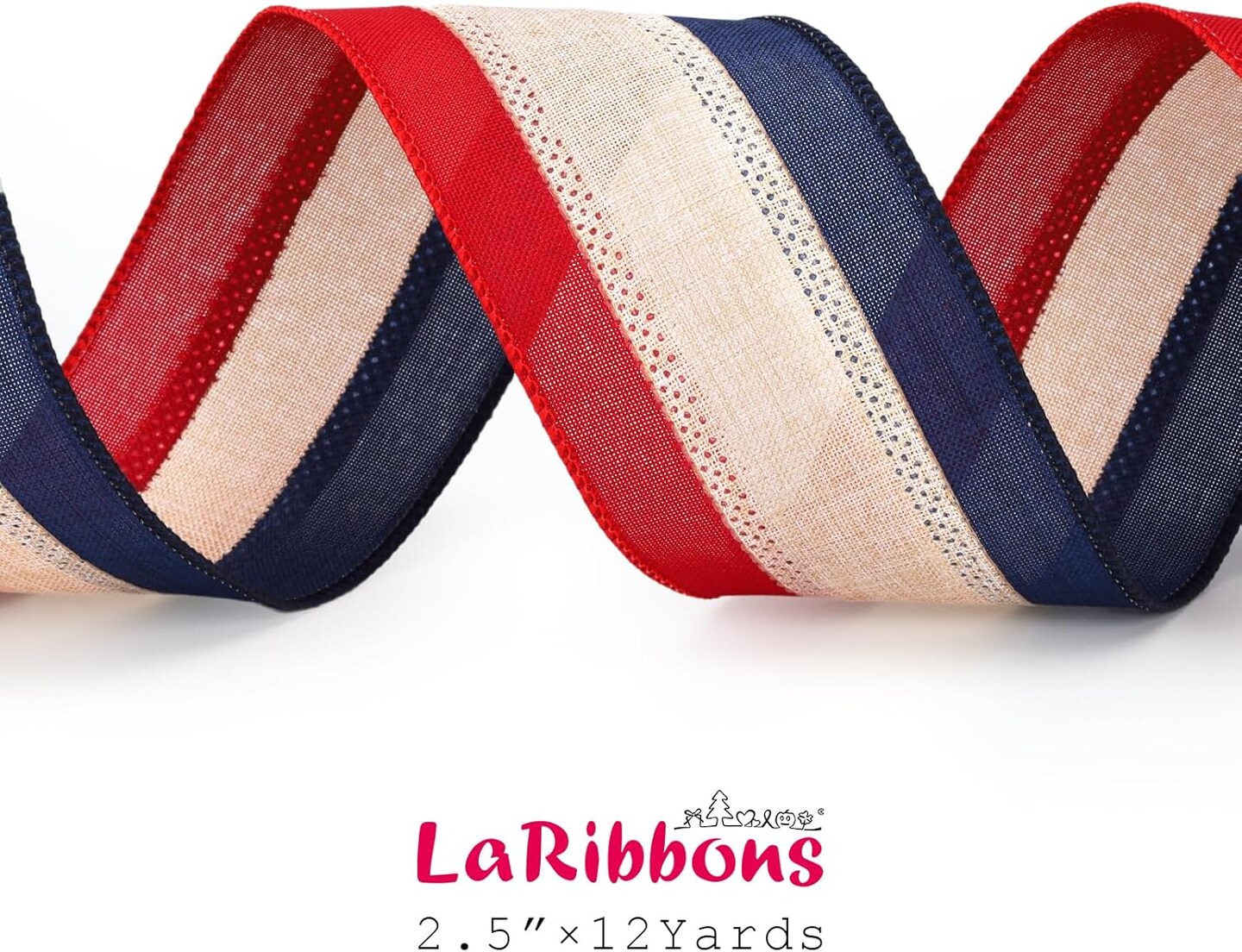 Patriotic Wired Ribbon 2.5" x 10 Yards – Vintage Red, White & Blue Burlap Ribbon for 4th of July, Independence Day, Memorial Day & 250th Anniversary Wreaths
