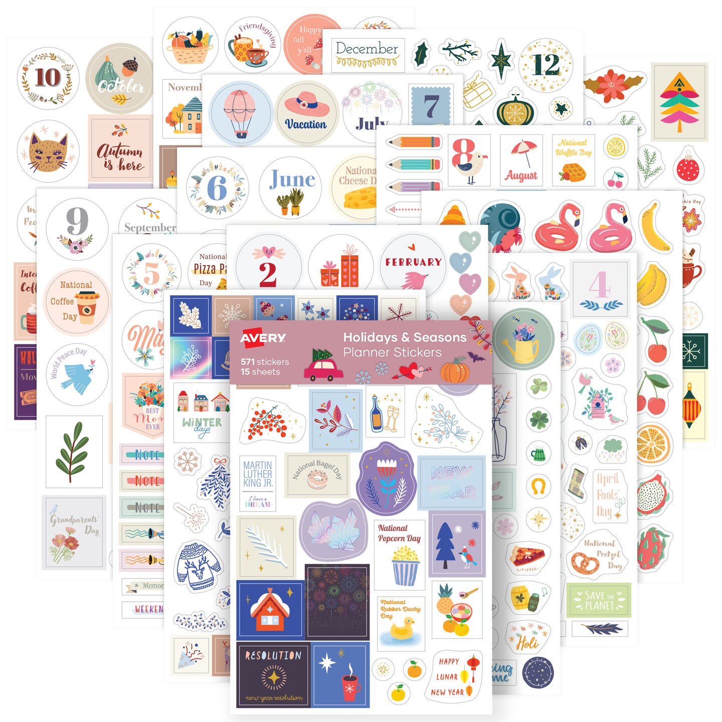 Avery Holidays and Seasons Planner Sticker Pack with Christmas Stickers, Thanksgiving Stickers, and Other Holiday Stickers, 15 Sticker Sheets, 571 Planner Stickers (6776)