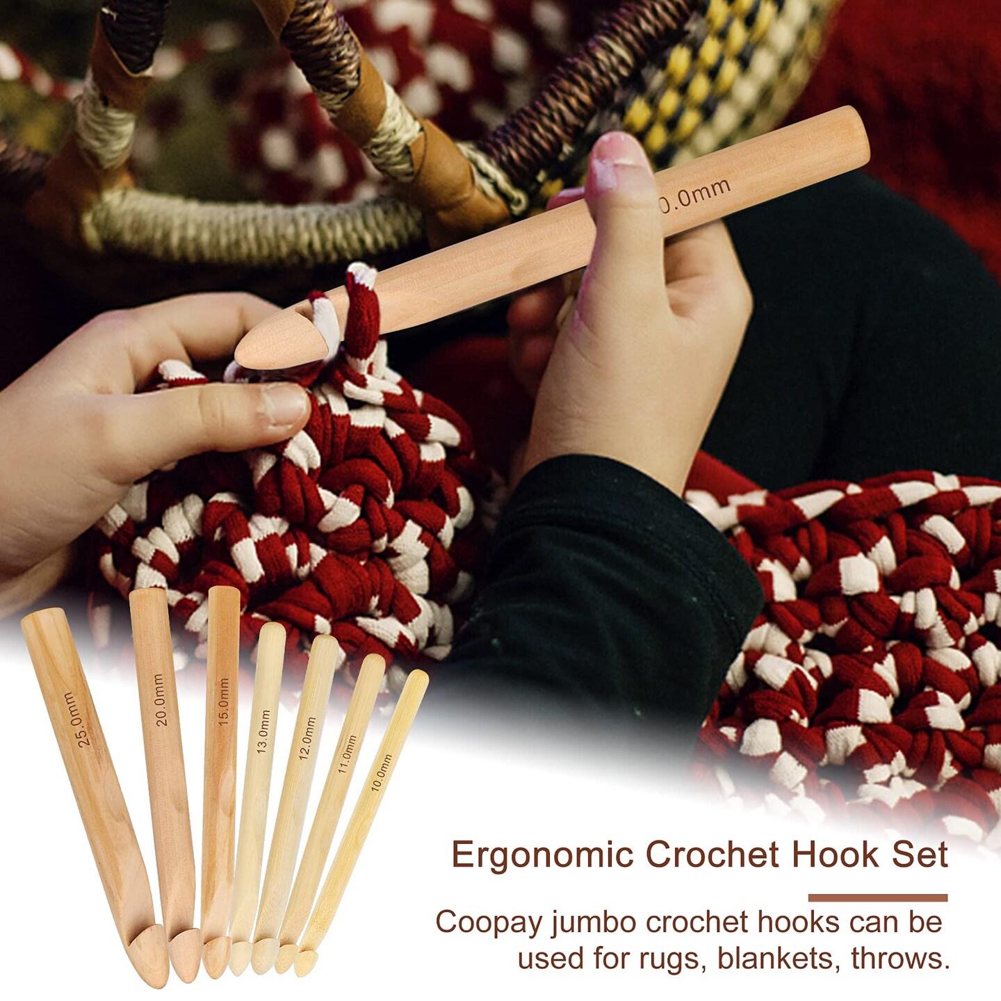 Large Wooden Crochet Hooks Ergonomic Crochet Hook Set 10-25 mm, 7PCS Inline Crochet Hooks Bamboo Crochet Kit for Beginner, Giant Wood Crochet Needles for Crocheting Chunky Yarn, Rugs, Blankets