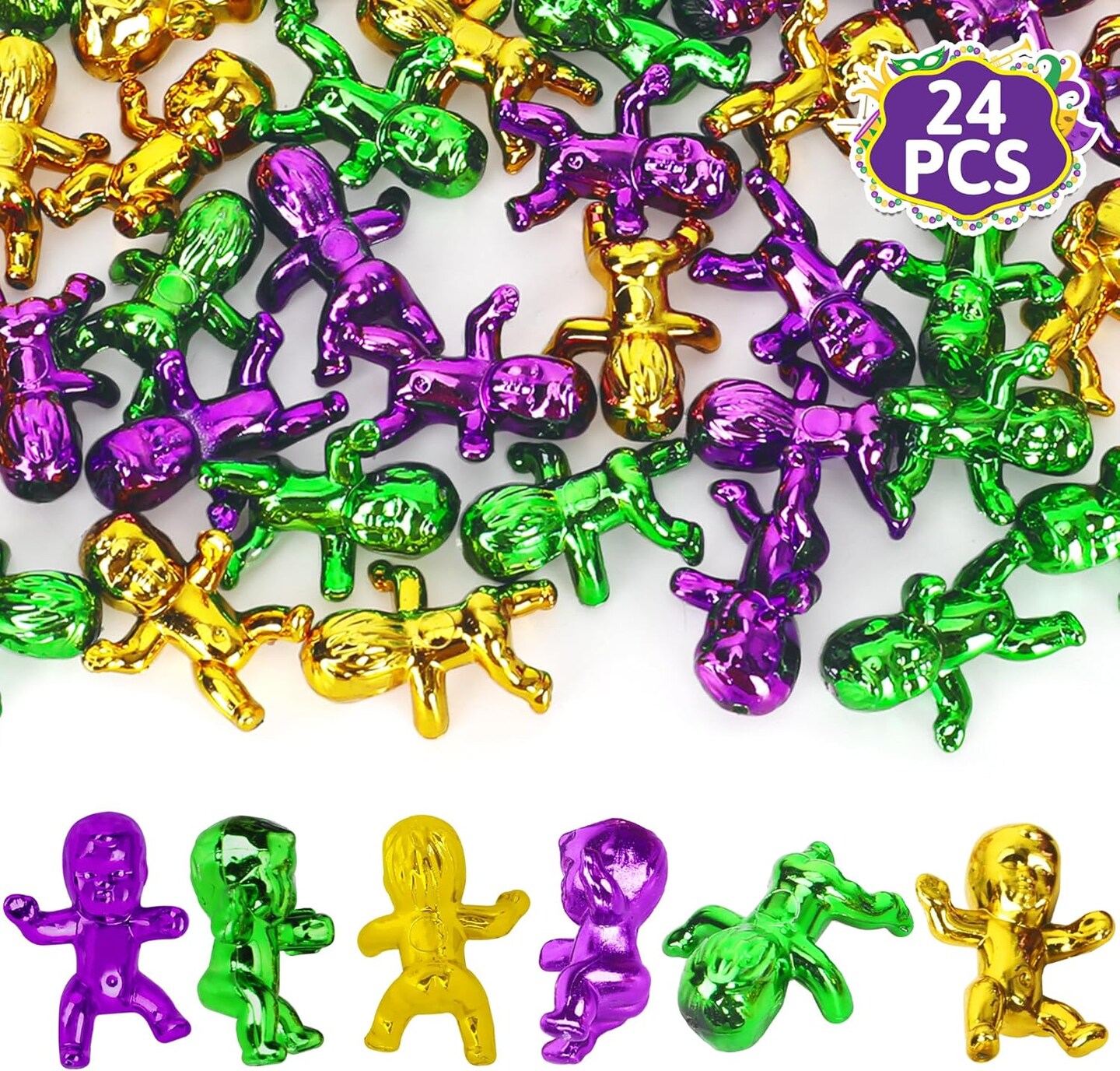 24 PCS King Cake Babies, 1 Inch Plastic Babies for Mardi Gras, Purple Green Gold Tiny Plastic Babies for Baby Shower Favors Ice Cube Game, Small Plastic Babies for Mardi Gras Party Decorations