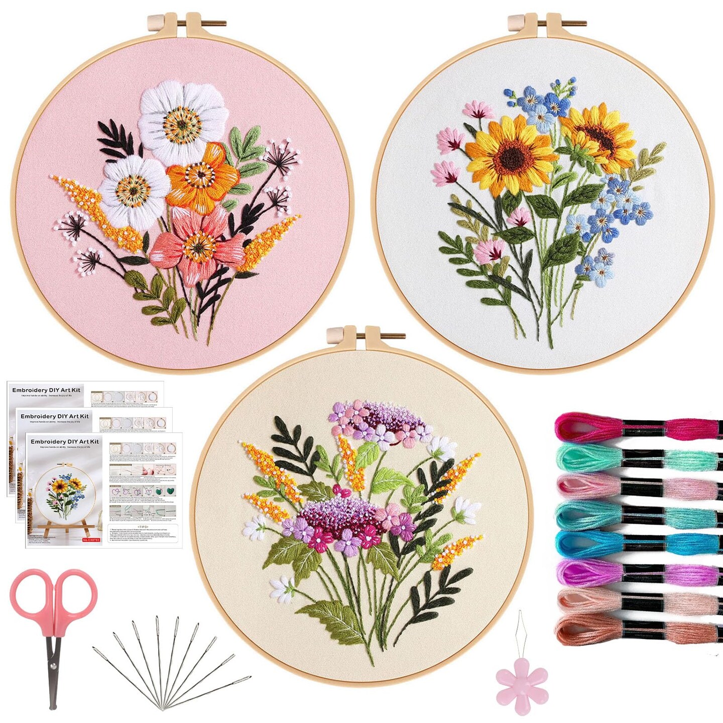 3 PCS Embroidery Kit for Beginners - Cross Stitch DIY Craft Set, Flower Embroidery Accessories &#x26; Hoop Included, Hand Embroidery Kit for Adults Stitching Sewing Kit Gift | FlowerB Patterns