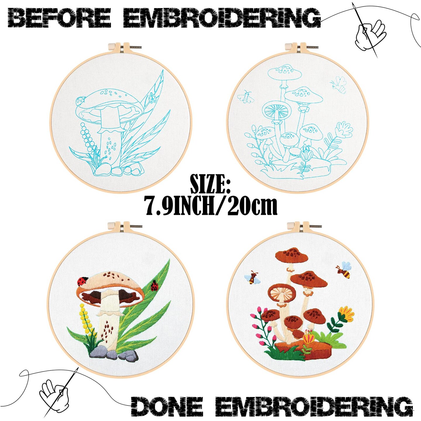 5 Sets Mushroom Embroidery Kit for Beginners with Pattern and Instructions Include Embroidery Cloth Hoops Threads for Craft Lover Hand Stitch DIY Adult Hand Needlepoint