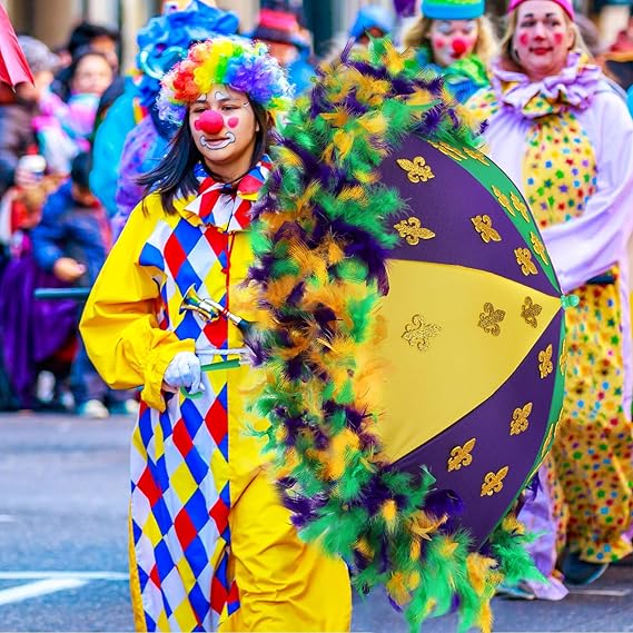 2 Pcs Mardi Gras Umbrella 22 x 2 Inch Second Line Umbrella with 2 Purple Yellow Green Feather String 2 Glue Point and 200 Glitter Stickers Mardi Gras Decoration for Masquerade Costume