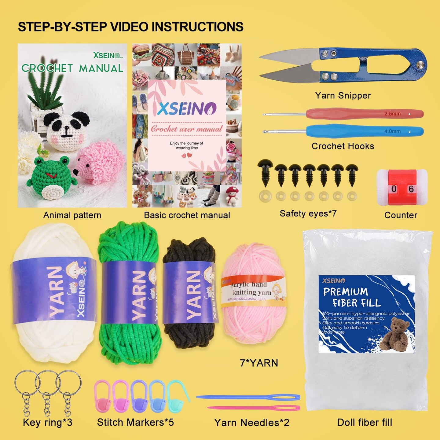 Crochet Kit for Beginners - Crochet Start Kit with Step-by-Step Video Tutorials - Learn to Crochet Kits for Adults and Kids - Panda, Frog, Hedgehog