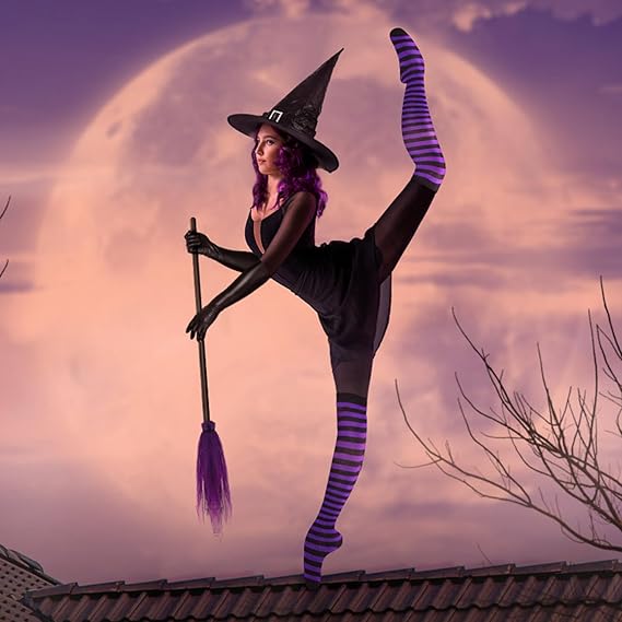 5 Pcs Womens Halloween Witch Costumes Set 2024 Adult Wig Hats Broom Gloves Stockings for Girl Party Cosplay Accessories