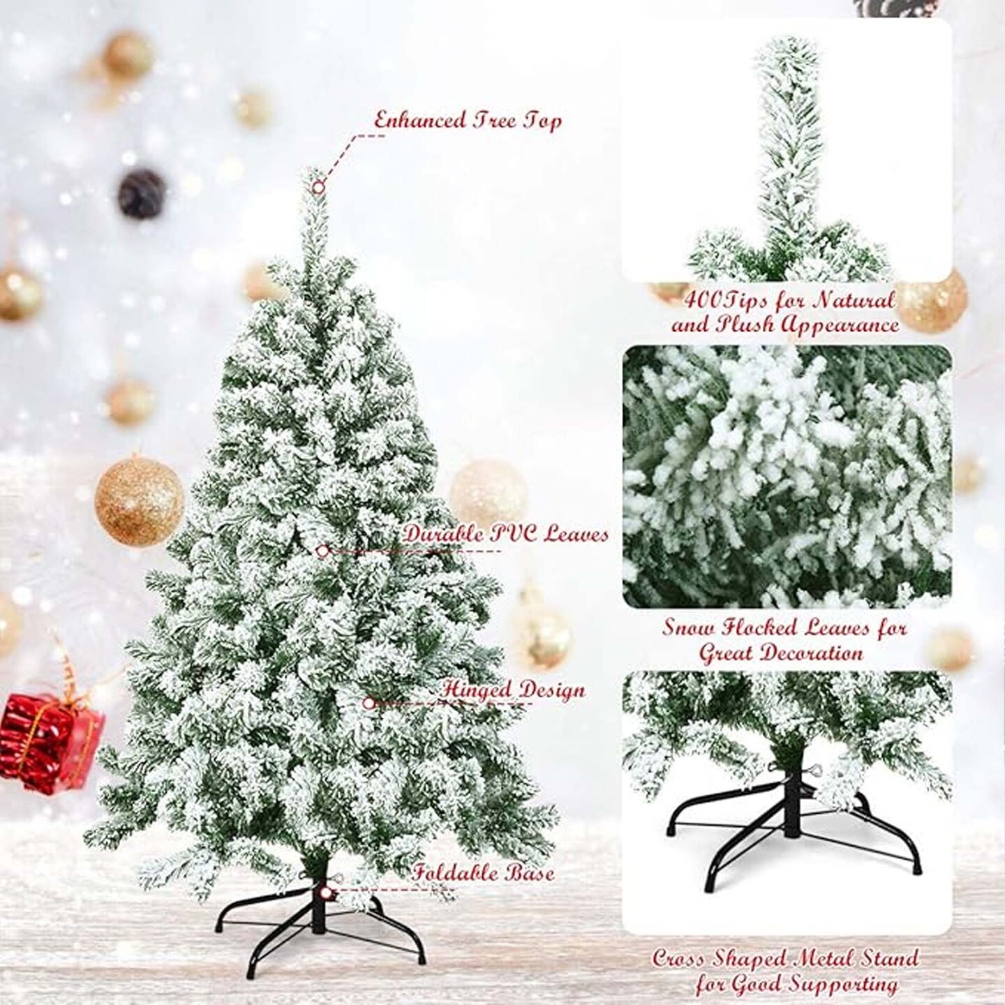 4 ft Snow Flocked Artificial Christmas Tree with Hinged Branches