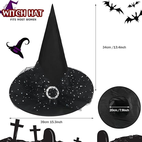 Witch Hats for Women, Adult Witch Vampire Halloween Costumes Accessories Black/Purple/Orange Foldable Lace Veils Hats for Cosplay Party