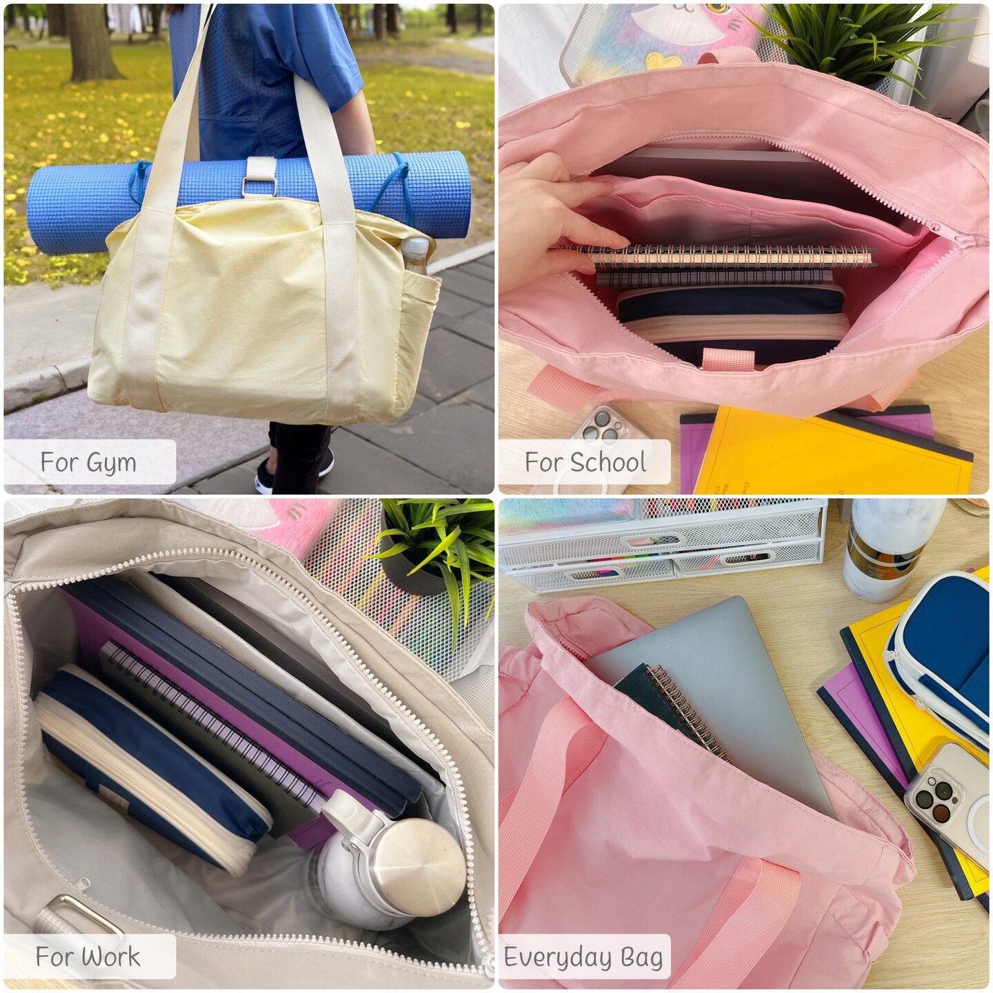 Wrapables Sporty Yoga Tote Bag, Gym, Work, Overnight and Travel Bag, Cream