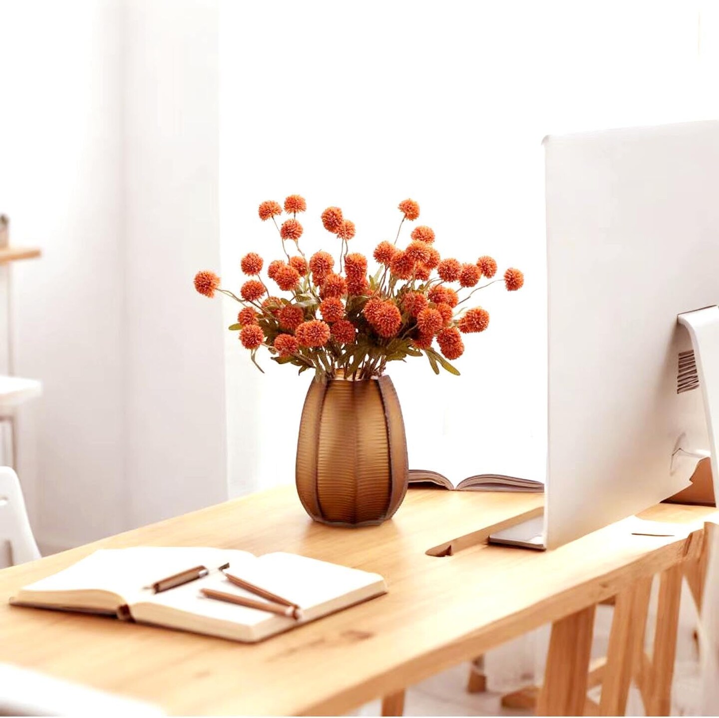 Pompon Mum Artificial Flowers, Orange Silk Faux Chrysanthemum Balls Fall Mini Chrysanth