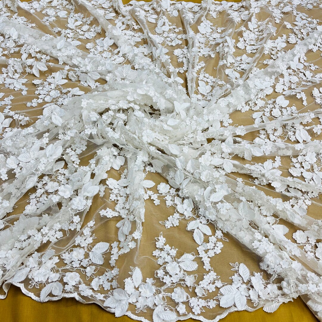 1 Yard Beaded 3D Floral Lace Fabric on 100% Polyester Net Mesh, Off White, 44&#x22; Wide, Embroidered Lace Material