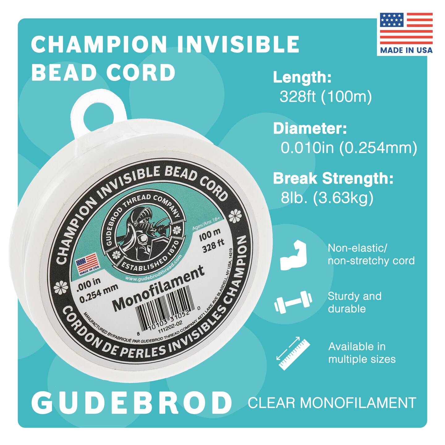 Gudebrod 0.01" Monofilament Champion Invisible Clear Cord | Made in USA