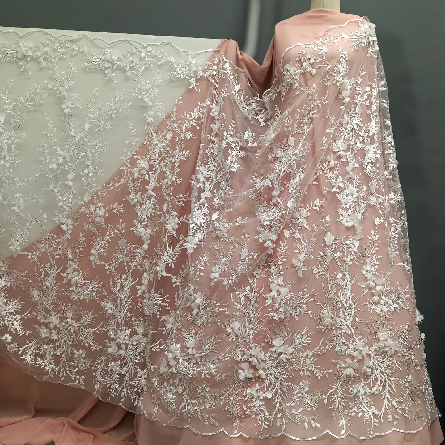 1 Yard White Elegant Beaded and Rhinestone 3D Floral Lace Fabric Embroidered on 100% Polyester Net Mesh 52 inch Width