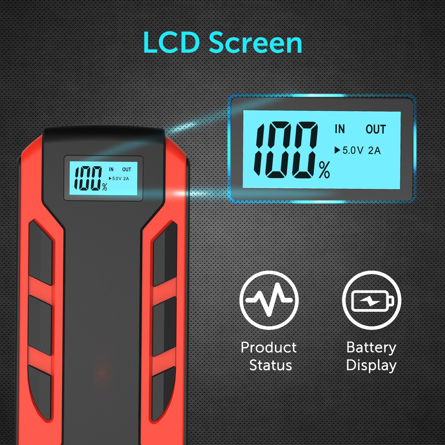 Portable Vehicle Jump Starter, 10000mAh (6.0L Gas Car or 3.0L Diesel Car), Power Bank Charger, USB Quick Charge, LCD Display, LED Flashlight, UL 2743 Certified