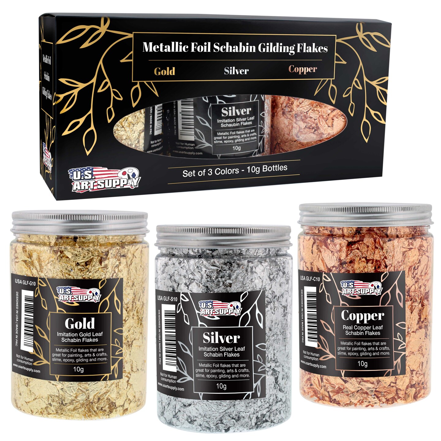 Metallic Foil Schabin Gilding Flakes (3 Pack), Imitation Copper, Silver & Gold 10 Gram Bottles - Metal Leaf Foil Flakes for Resin, Nails, Crafts, Painting, Jewelry, Slime
