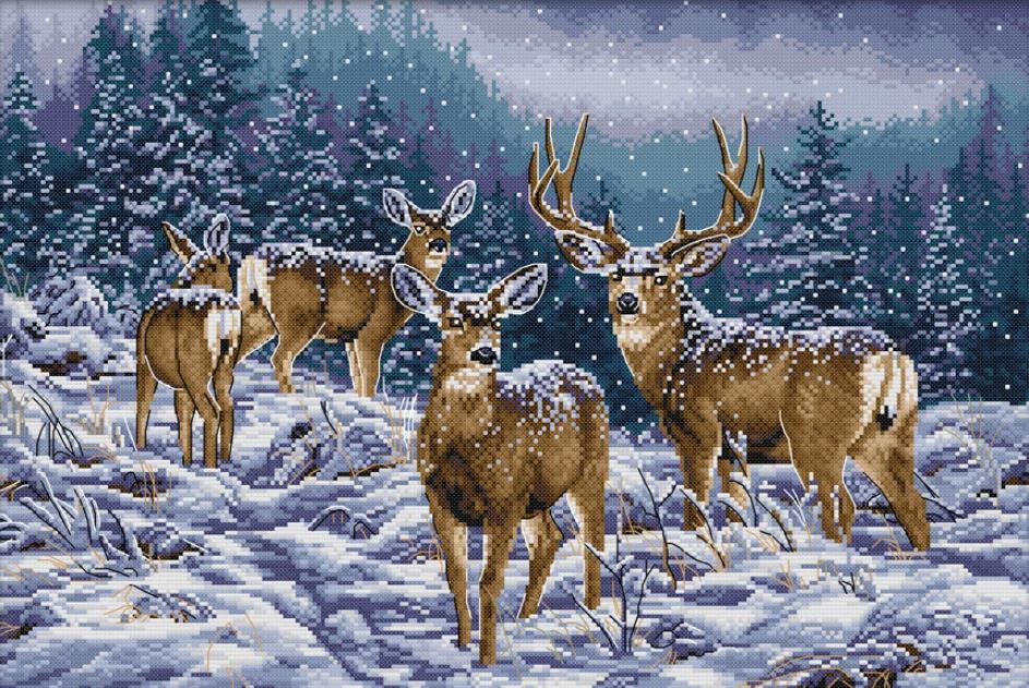 YEESAM ART Kreuzstich-Set 'Hirschüberwinterung' – 11 Ct, 23x23 Cm, Vorgedruckter Stoff, Für Anfänger & Erwachsene