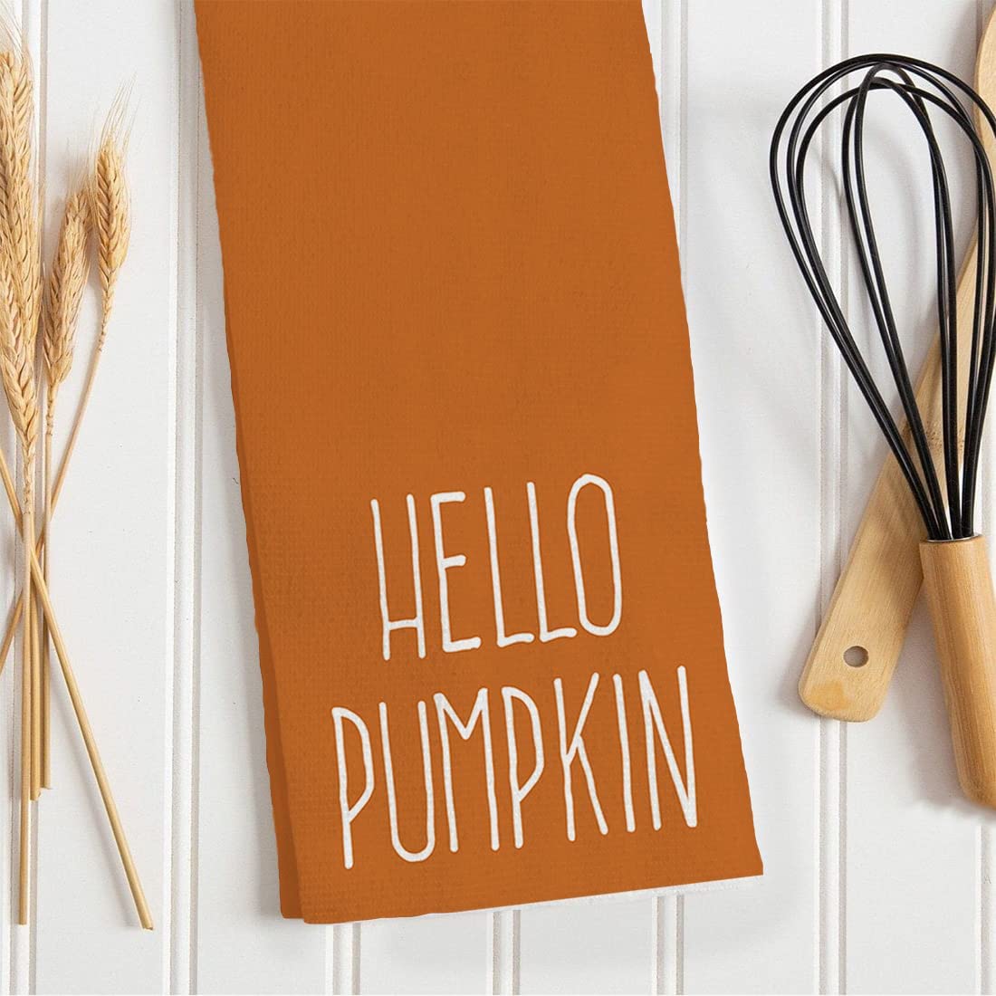 ARKENY Hello Pumpkin Fall Kitchen Towels Set of 2,Orange Polka dot Stripes Autumn Dish Towels 18x26 Inch,Farmhouse Home Indoor Thanksgiving Harvest Seasonal Vintage Decorations AD006