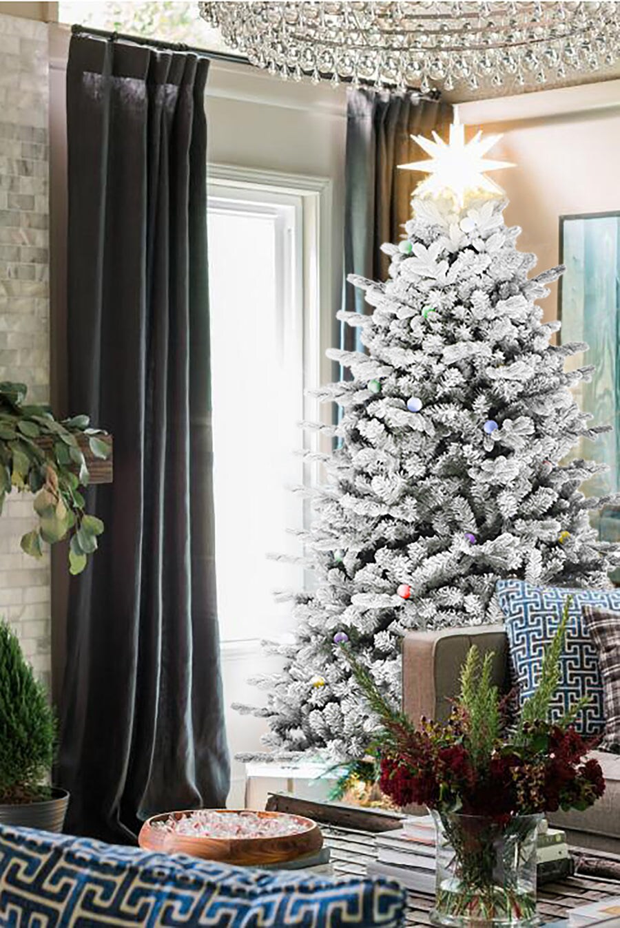 Pre lit Large Bulb Snow Flocked Grand Noble Fir with Metal Stand Instant Connect Feature