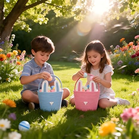 Large Easter Basket with Gift Bags and Ribbons, Easter Bunny Basket for Kids, Woven Cotton Rope Gift Basket for gifting, Pink