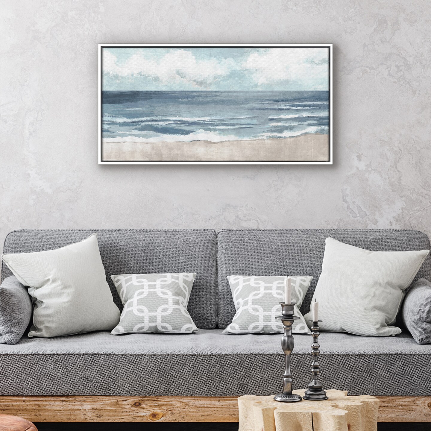 Americanflat Canvas Wall Art Featuring Beige Sand, Blue Ocean and White Sky - Coastal Beach Wall Art