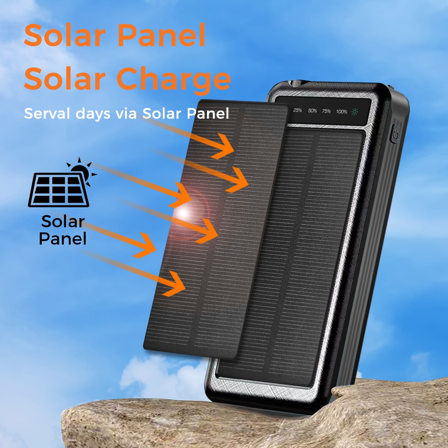 Portable Power Bank w/ Wireless Charging, 4 Built-in Cables, Solar Panel, 10000mAh Battery, IP65 Waterproof, Dustproof, LED Flashlight