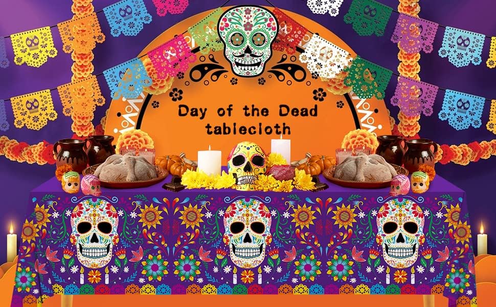 Day of The Dead Sugar Skull Tablecloth (Multi Color) 108&#x22;L x 54&#x22;W