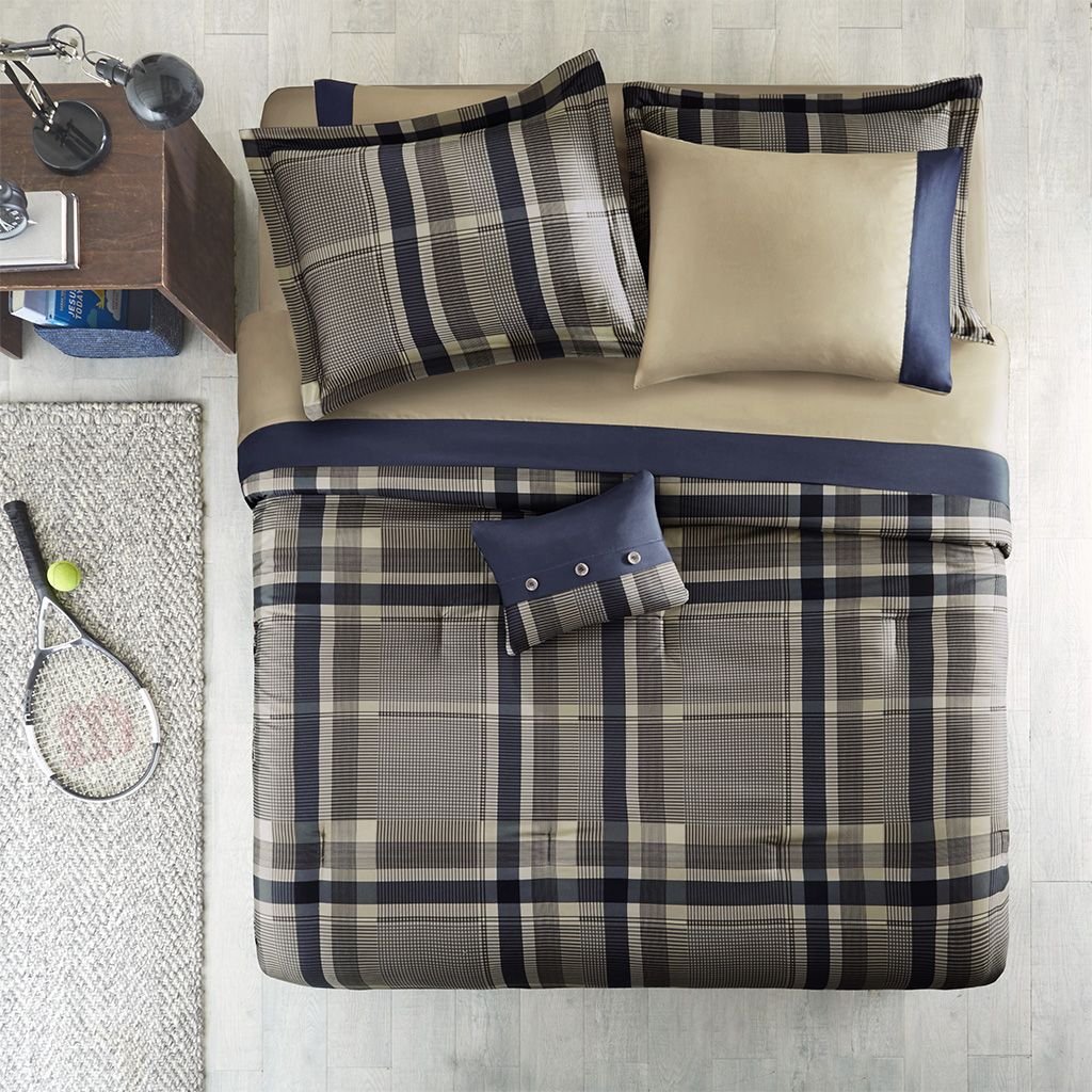 Edge Collections - 20" x 26" - Blue - Intelligent Design Twin XL Navy Taupe Plaid Comforter Set with Bed Sheets - 1 Set