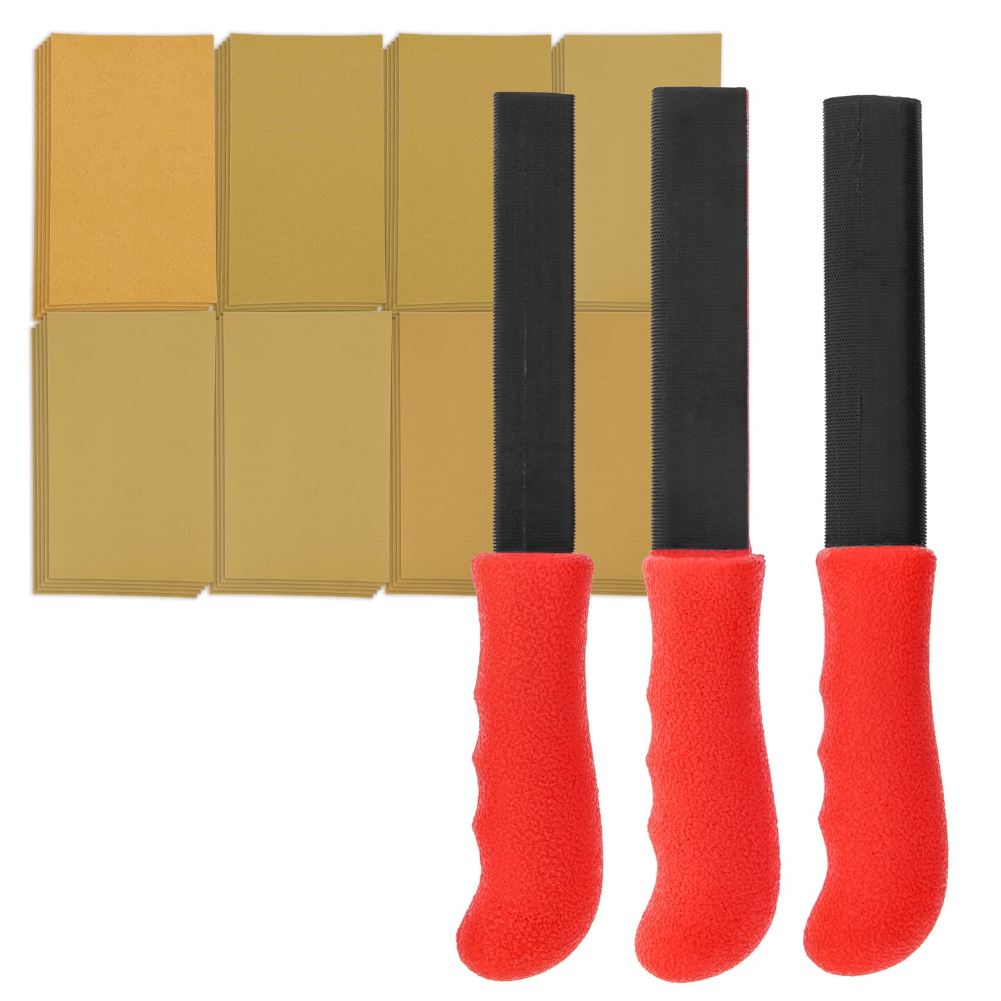 Dura-Gold Set of 3 Contour Hand Sanding File Block Sticks with 40 Sheet Hook &#x26; Loop Sandpaper Kit - 3 Different Convex Radius Profile Shapes, Teardrop