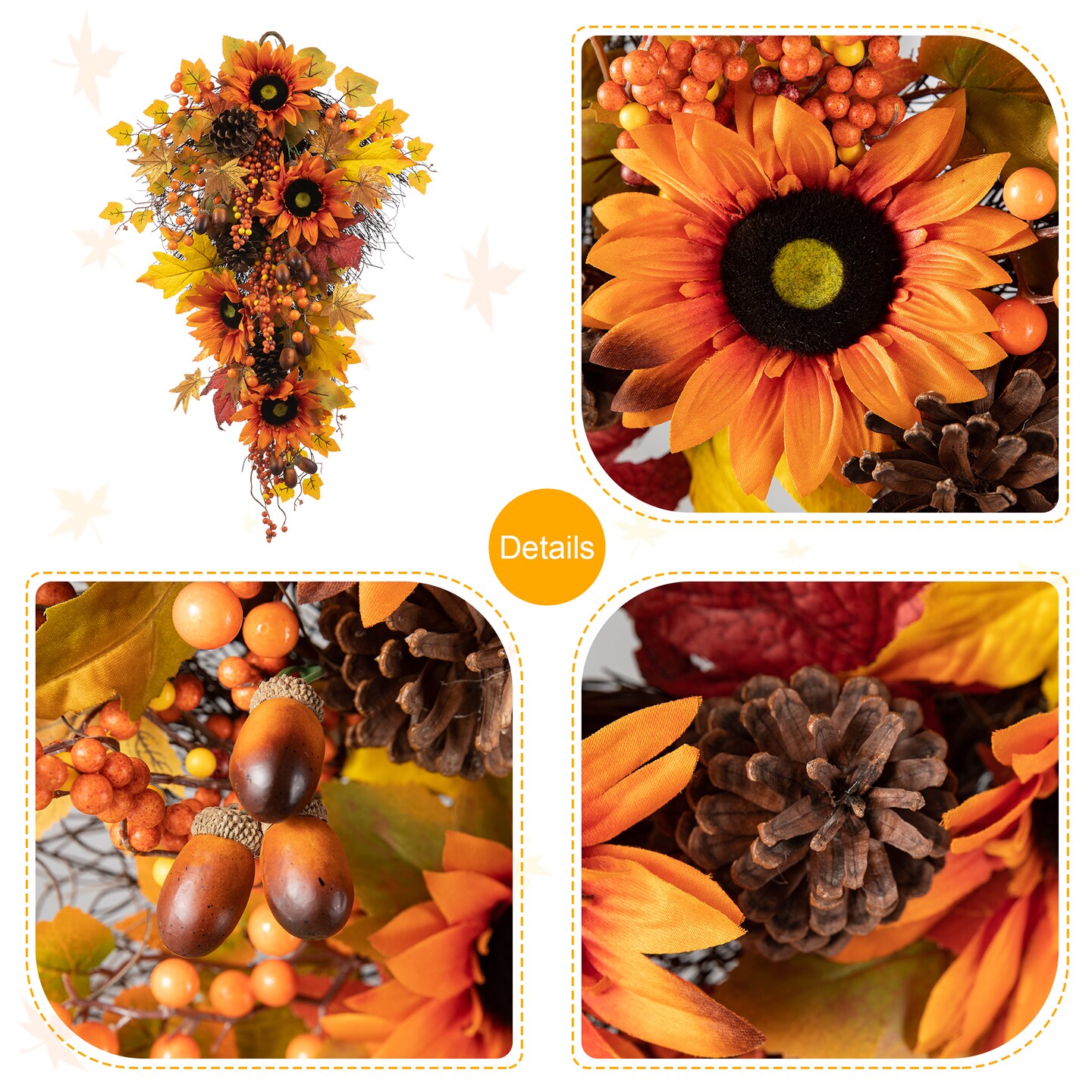 Set of 2 27&#x22;H Fall Sunflower, Maple Leaf and Berry Teardrop Swag