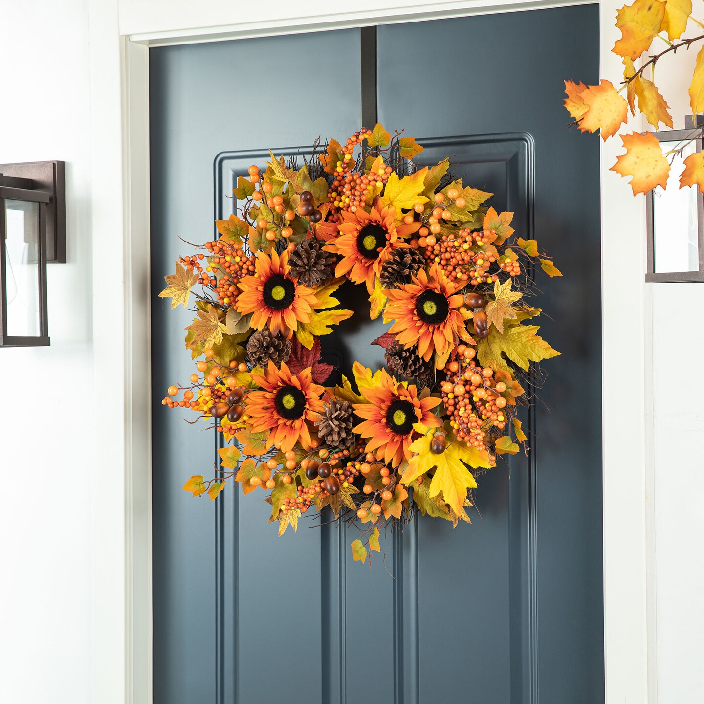 Set of 2 24&#x22;D Fall Sunflower, Maple Leaf and Berry Wreath