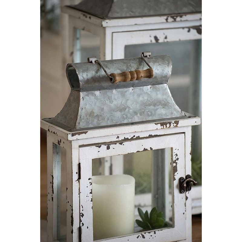 Edge Collections - White - Evelyn Wooden Candle Lantern Decorative Hurricane Lantern Holder - 2 Piece
