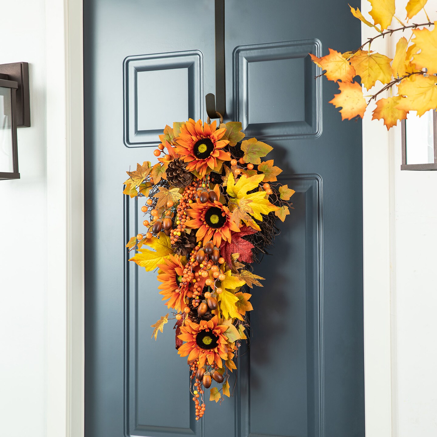 Set of 2 27&#x22;H Fall Sunflower, Maple Leaf and Berry Teardrop Swag