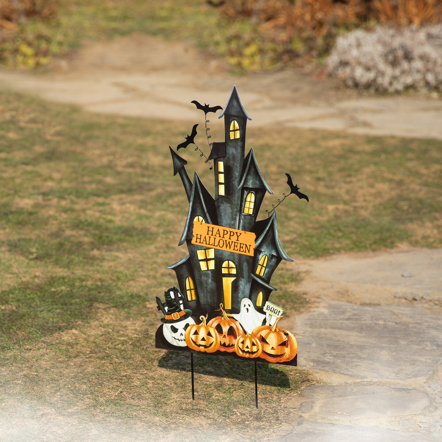 Set of 2 32&#x22;H Halloween Metal Haunted House Yard Stake