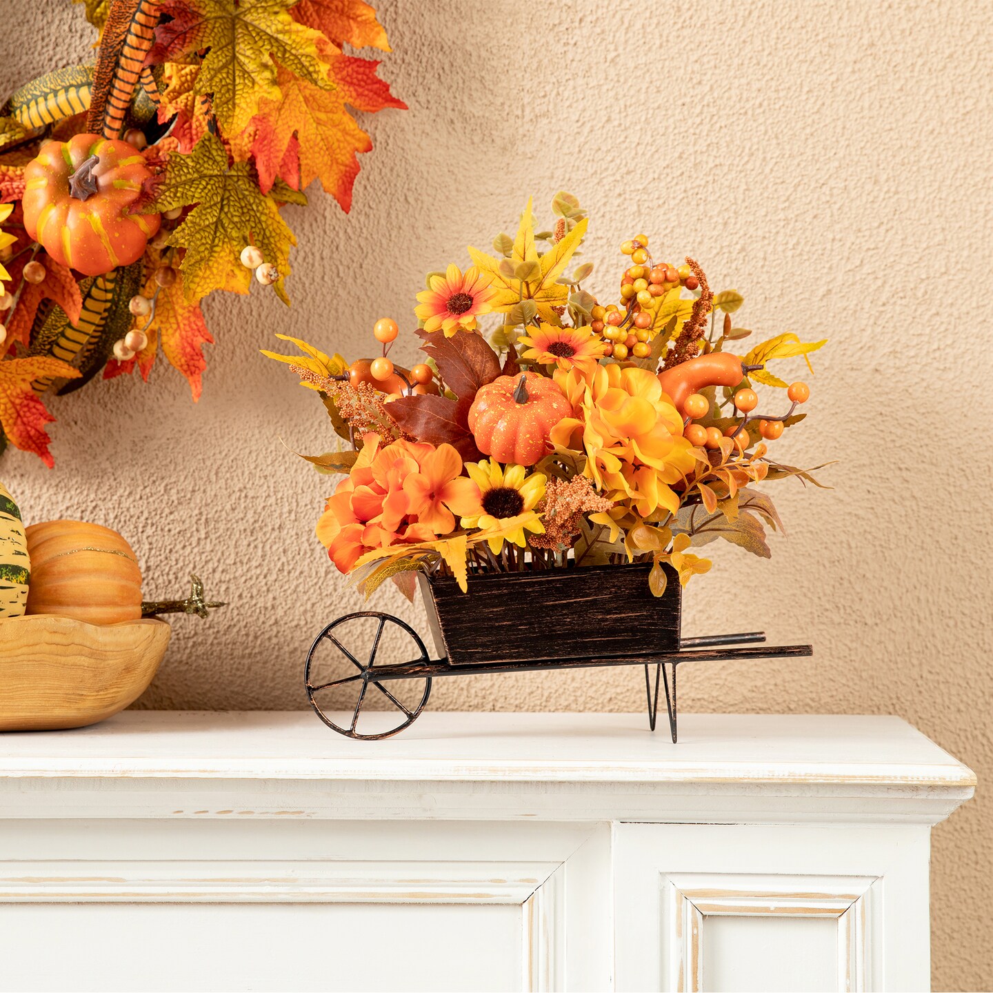 Set of 2 14&#x22;L Fall Floral Cart Centerpiece