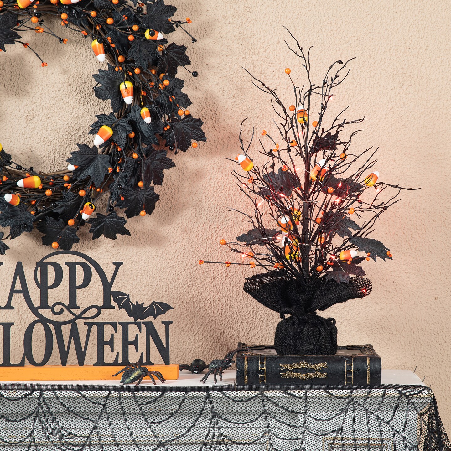 Set of 2 21&#x22;H Lighted Halloween Candy Corn Berries Table Tree