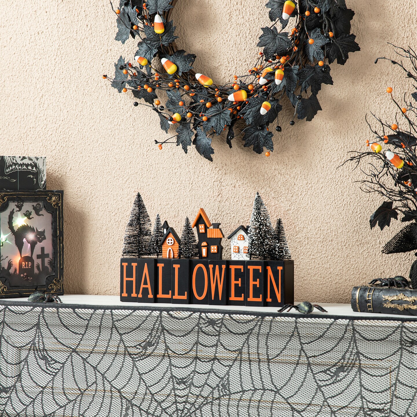 Set of 2 14&#x22;L Halloween Wooden &#x22;HALLOWEEN&#x22; Haunted House Table Sign