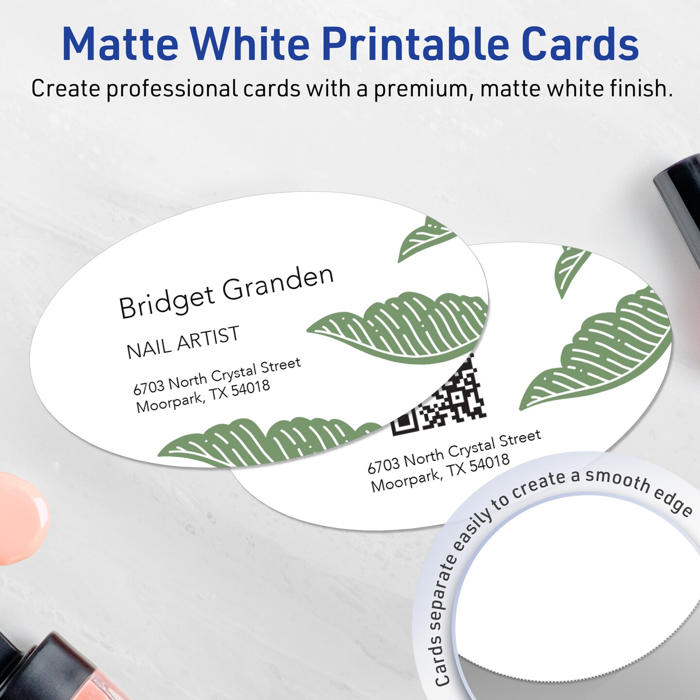 Avery Printable Oval Business Cards, Sure Feed Technology, 2" x 3-1/2", Matte White Cardstock, Print-to-The-Edge, Laser/Inkjet Printable, 80 Total