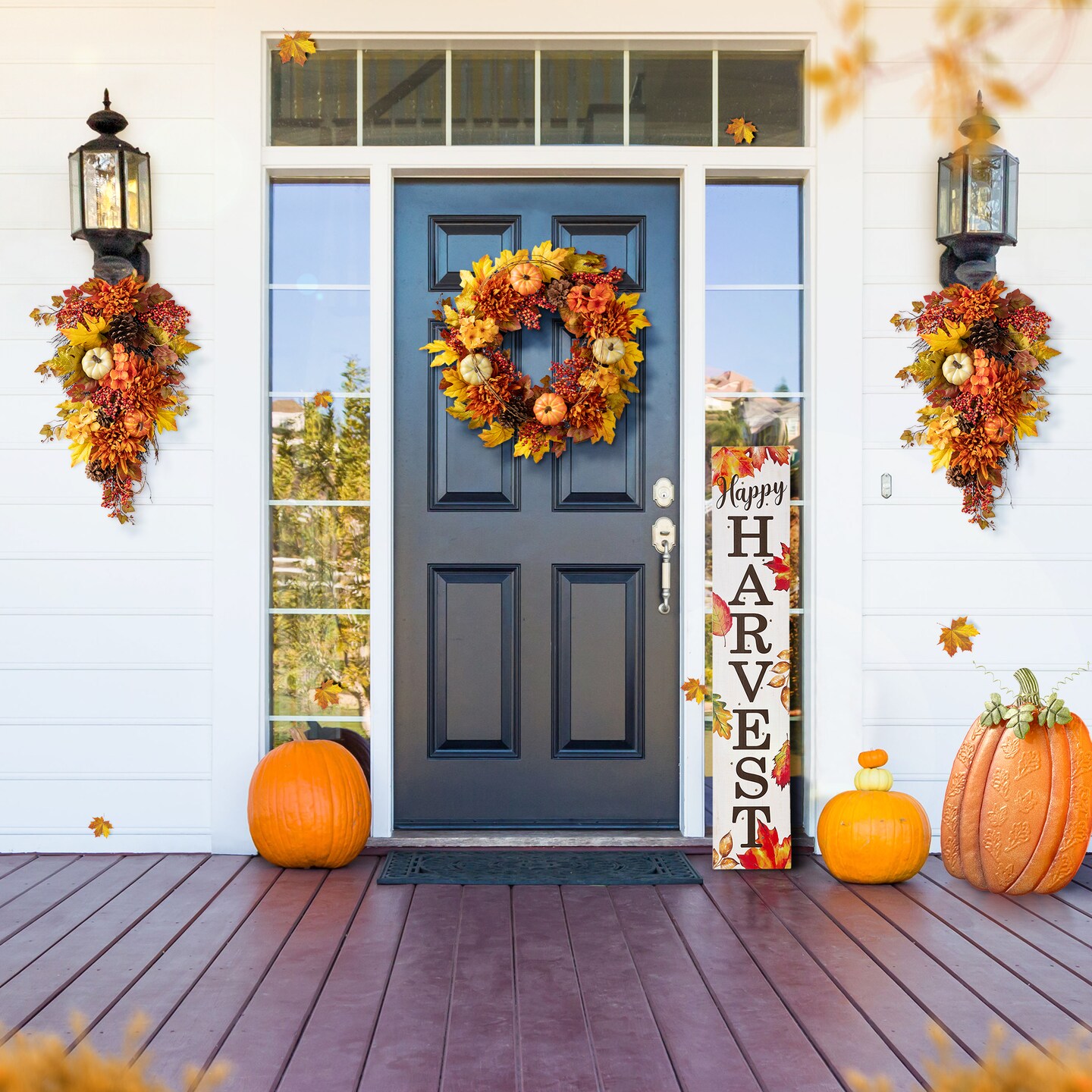 Set of 2 27&#x22;H Fall Dahlia Pumpkin, Leaf and Berry Teardrop Swag