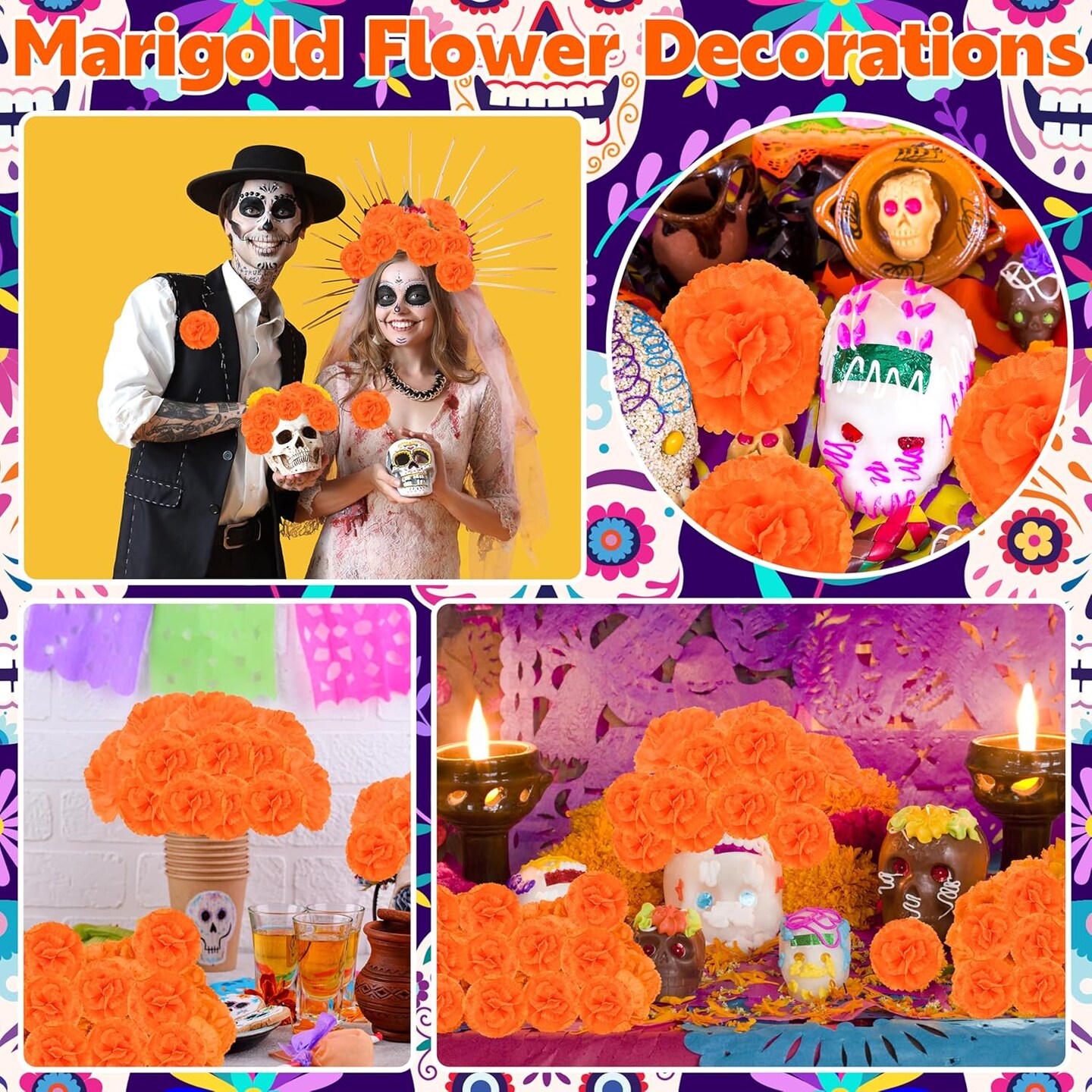 60 Pcs Artificial Marigold Flowers with Stems (Orange)