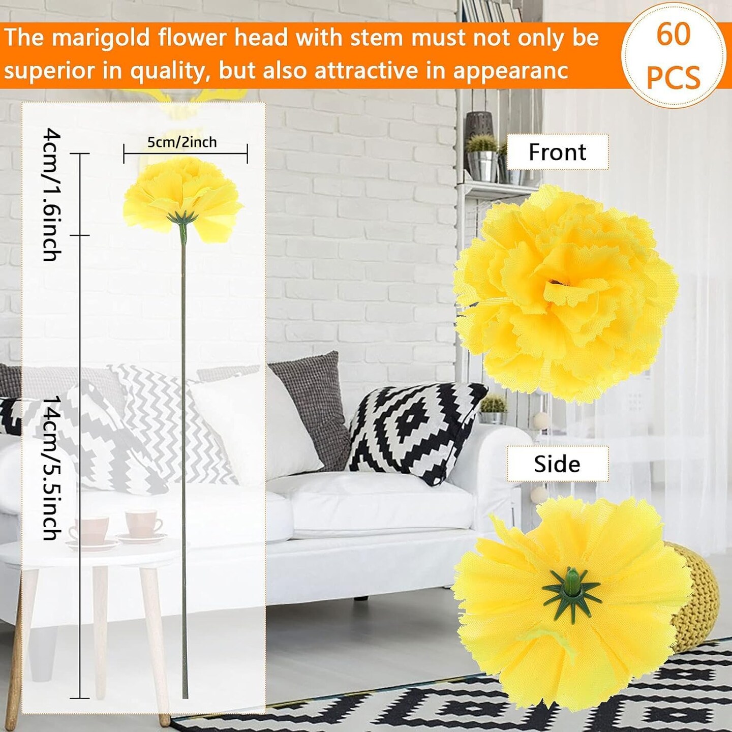 60 Pieces Artificial Marigold Flower Heads with Stems (Gold and Orange)