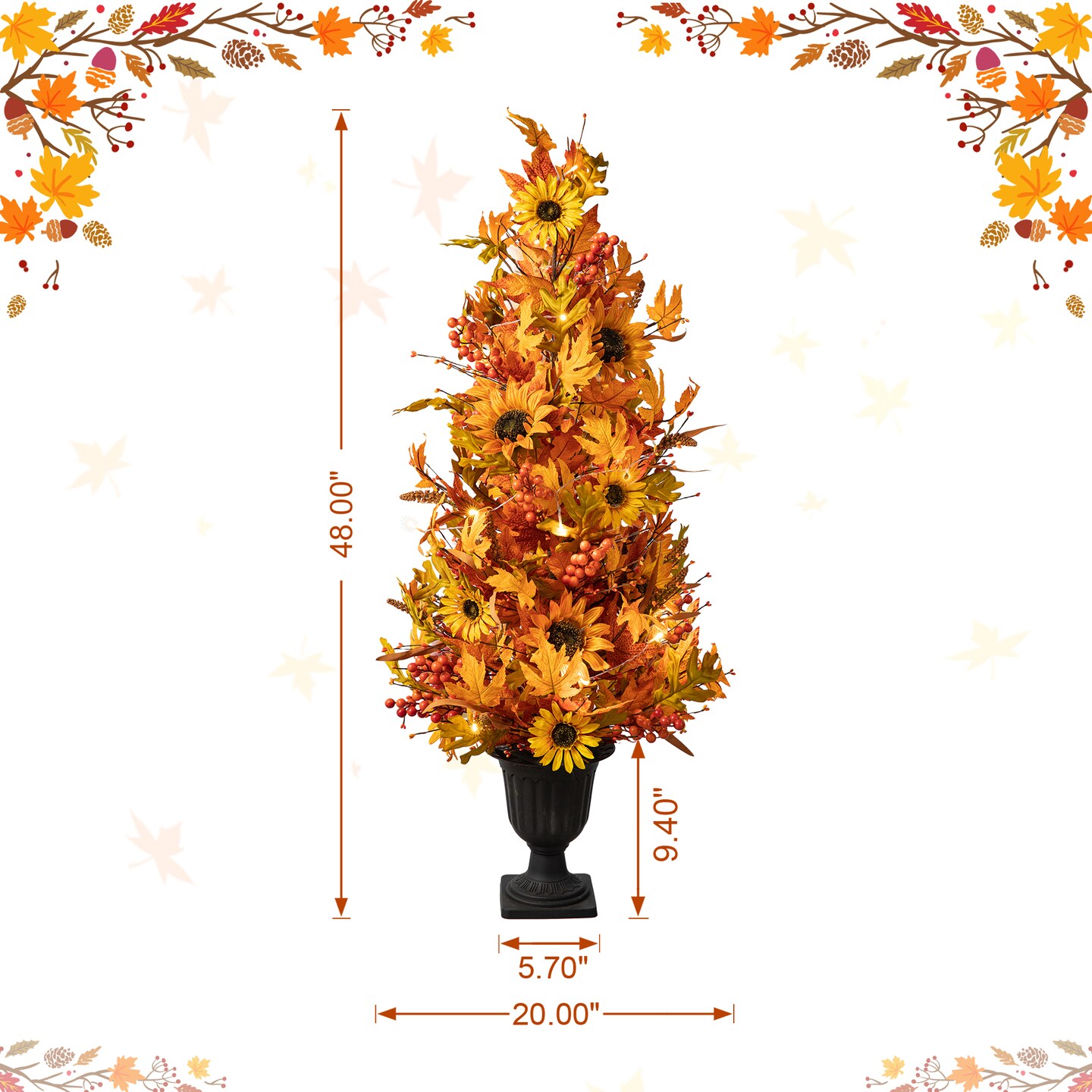 Set of 2 48"H Fall Lighted Maple Leaf and Sunflower Urn Porch Tree with Timer
