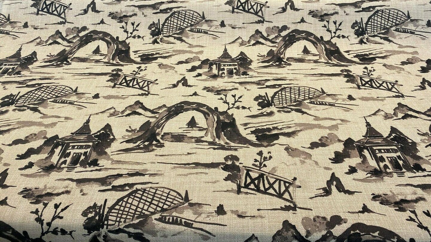 1 Yard Toile Chinoiserie Black Basketweave Nanping 100% Polyester Upholstery Fabric