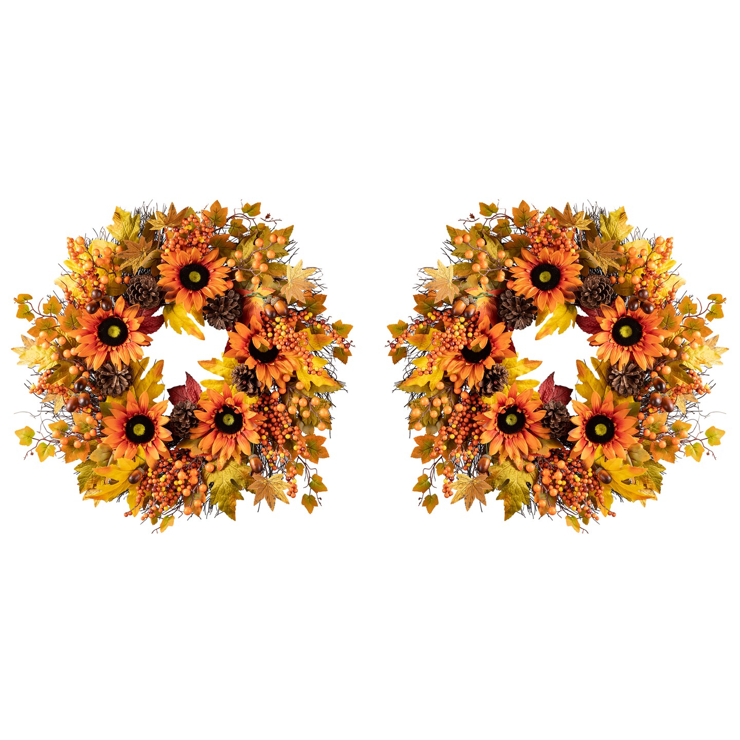 Set of 2 24&#x22;D Fall Sunflower, Maple Leaf and Berry Wreath