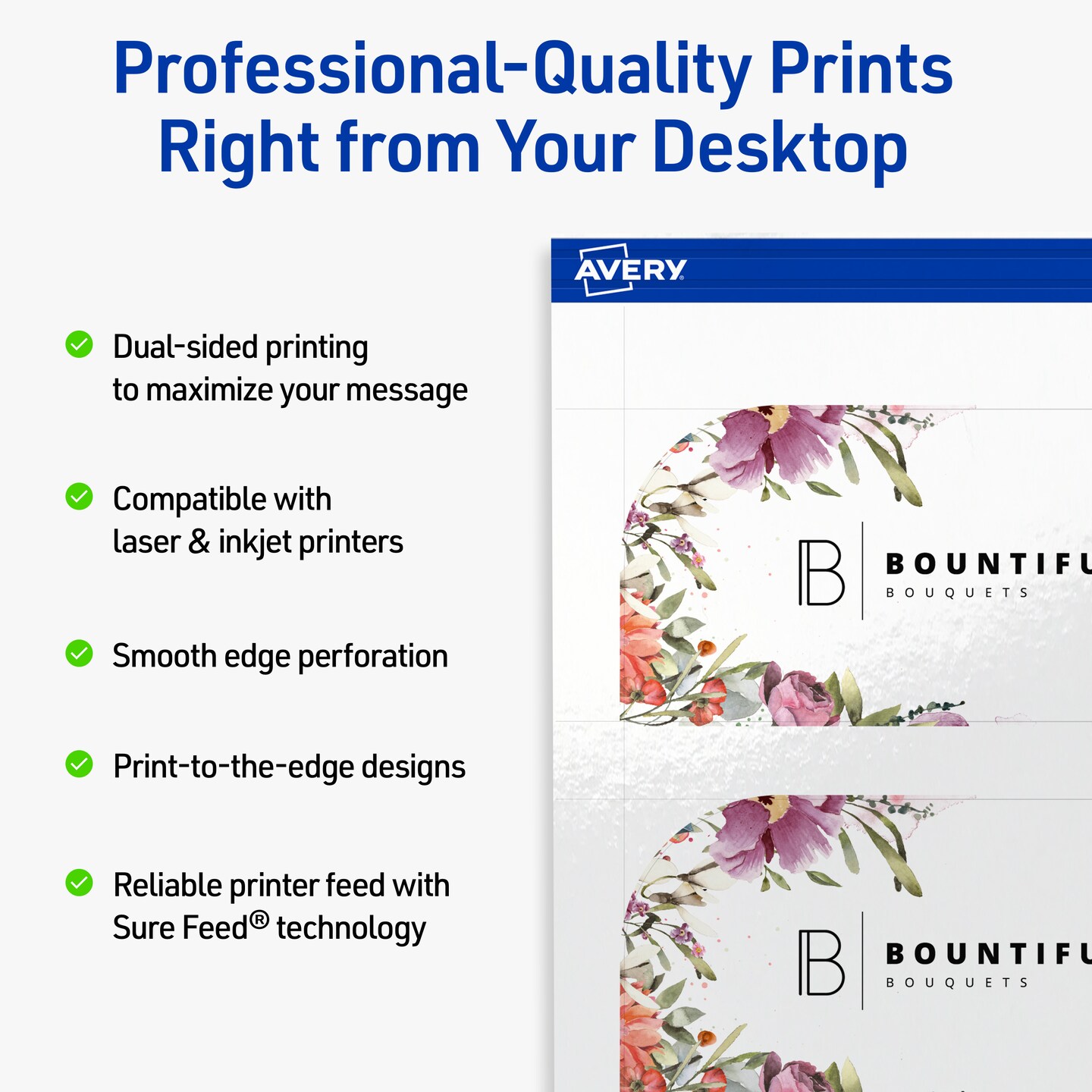 Avery Printable Single Rounded Corner Rectangle Business Cards, Sure Feed Technology, 2" x 3-1/2", Glossy White Cardstock, Print-to-The-Edge, Laser/Inkjet Printable, 80 Total