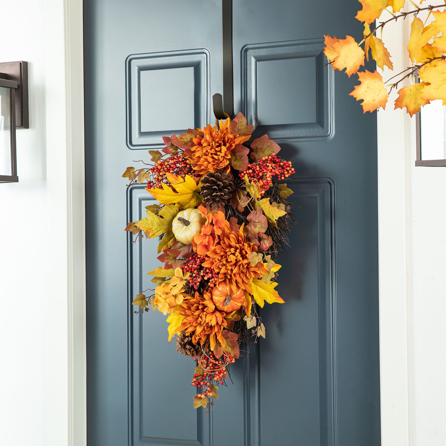 Set of 2 27&#x22;H Fall Dahlia Pumpkin, Leaf and Berry Teardrop Swag