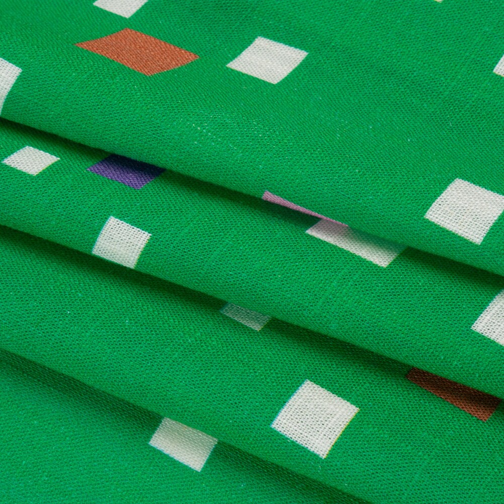 1 Yard Viscose and Linen Woven Fabric Green and Pink Squares Print 53 inch Width