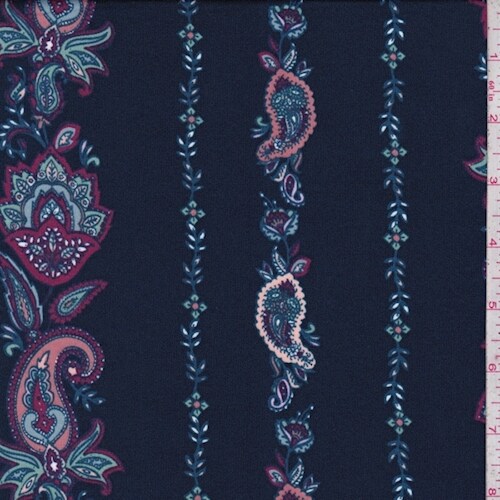 ITY Dark Navy Stylized Paisley Stripe Jersey Knit Fabric By the Yard