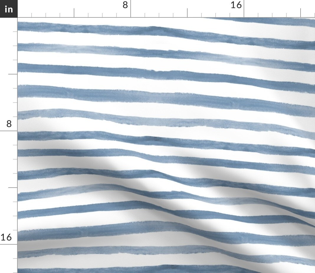 Stripe Blue Kids Home Decor Nursery Watercolor Bedding Painted Monochrome Minimal Horizontal Denim Custom Printed Fabric by Spoonflower Various Fabrics by the Yard or Fat Quarter