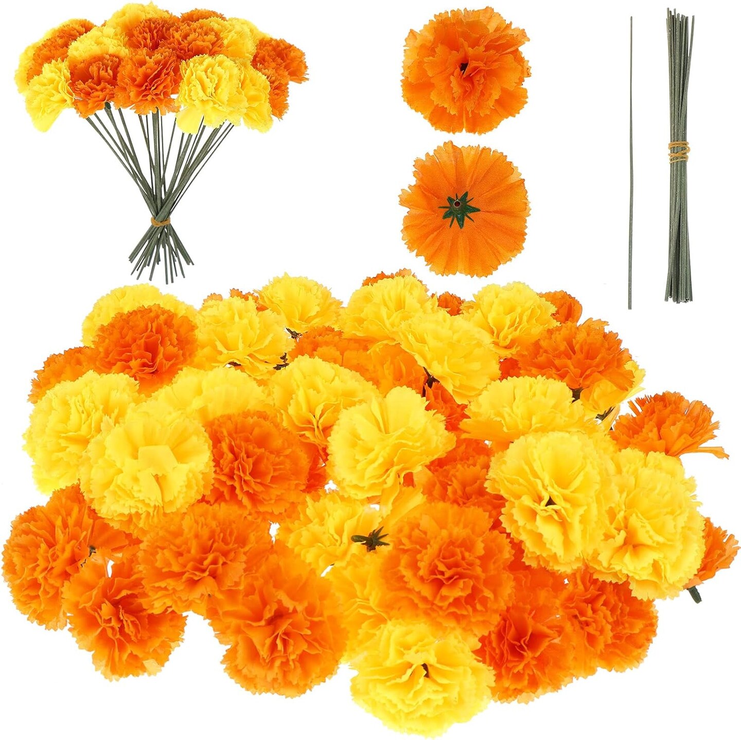 60 Pieces Artificial Marigold Flower Heads with Stems (Gold and Orange)